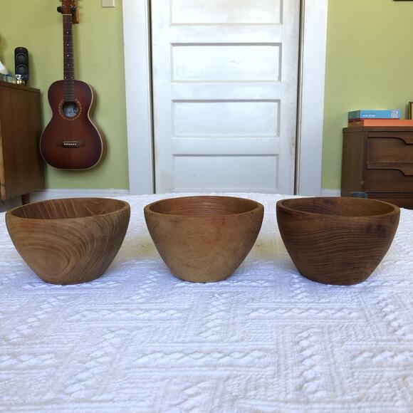 Vintage Teak Wood Hand Carved Bowls Set Of 3 MCM 60s 70s Minimalist Rustic - Picture 2 of 8